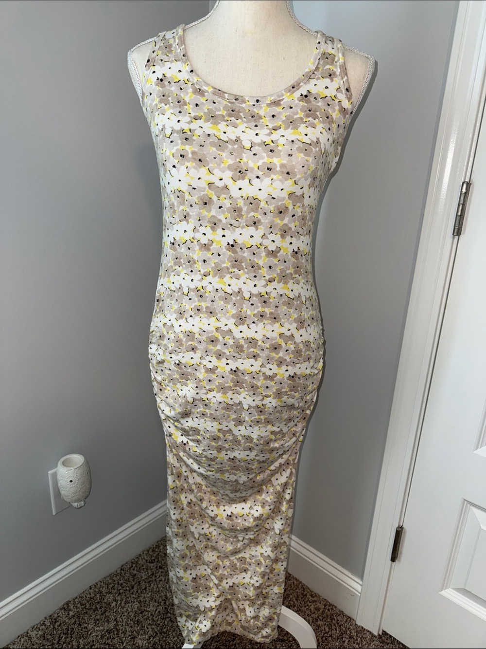 Victoria's Secret Sleeveless Floral Ruched Maxi Dress in Light Gray and Yellow